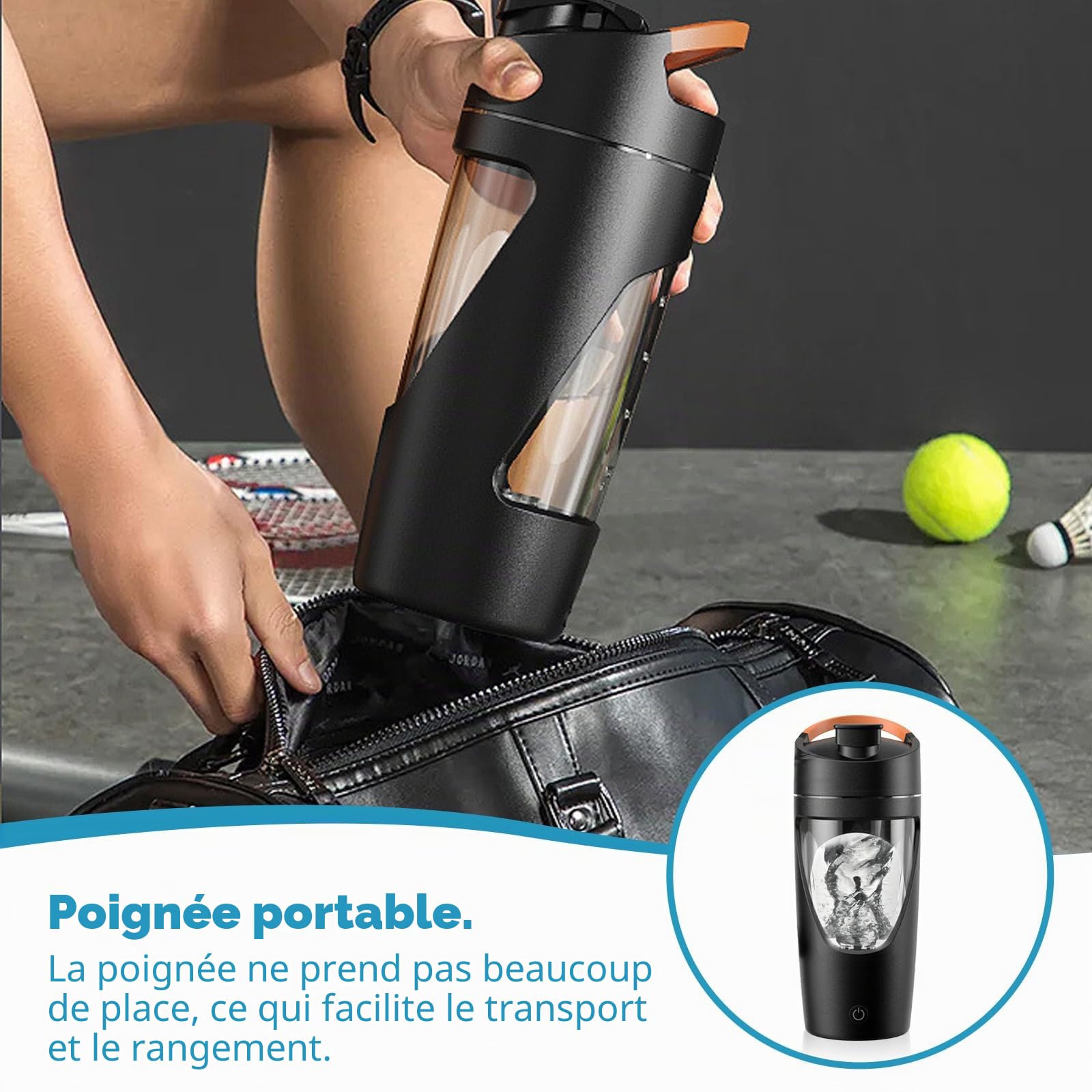 Shaker électrique, 700 ml avec compartiment à poudre, rechargeable par USB, mélangeur de protéines automatique avec brosse, noir