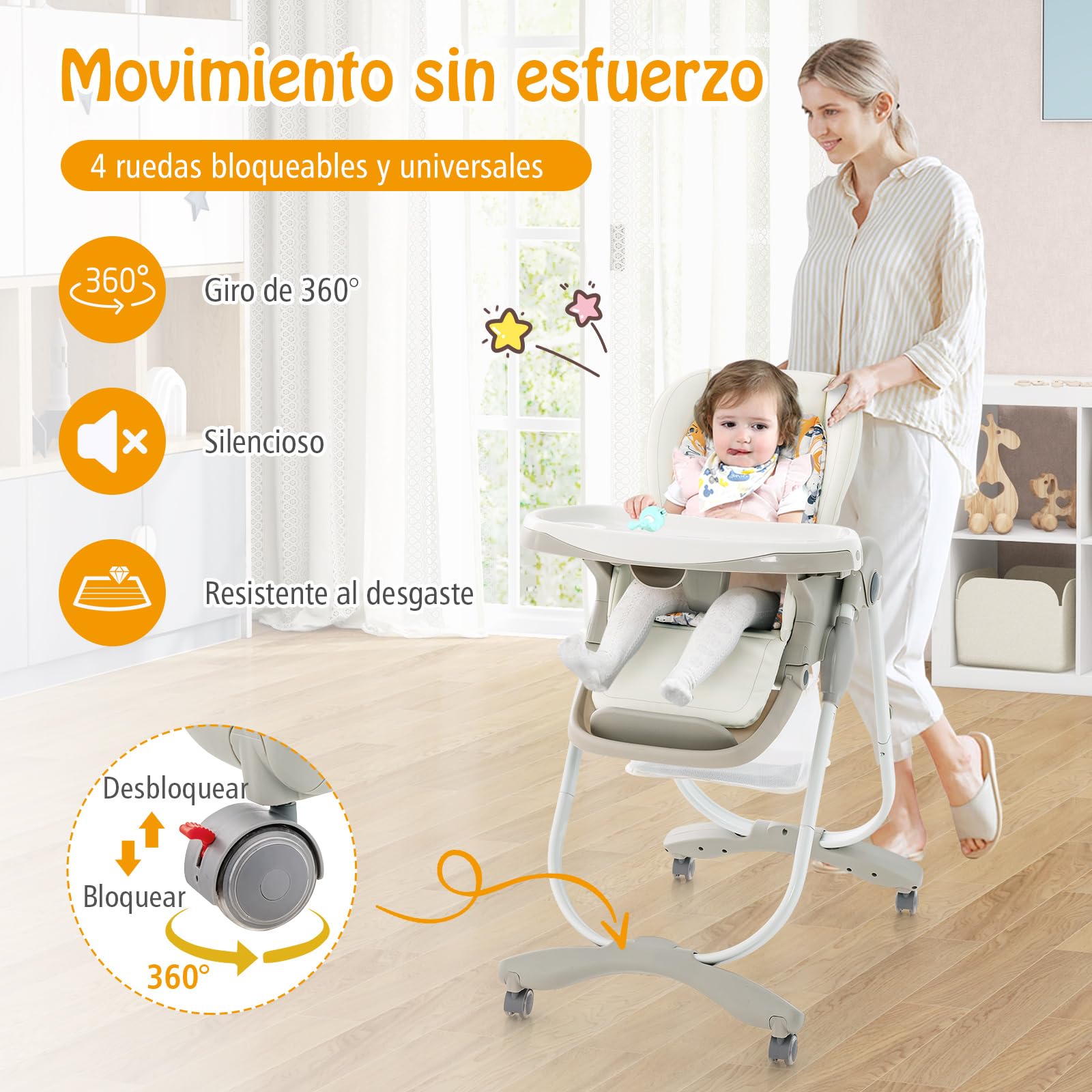 COSTWAY Tronas de Bebe Plegable, Trona Portatil Multifuncional con Ruedas Giratorias, 7 Altura Ajustable, Reposapiés y Respaldo, Bandeja de Comida Extraíble, para 6-36 Meses (Blanco)