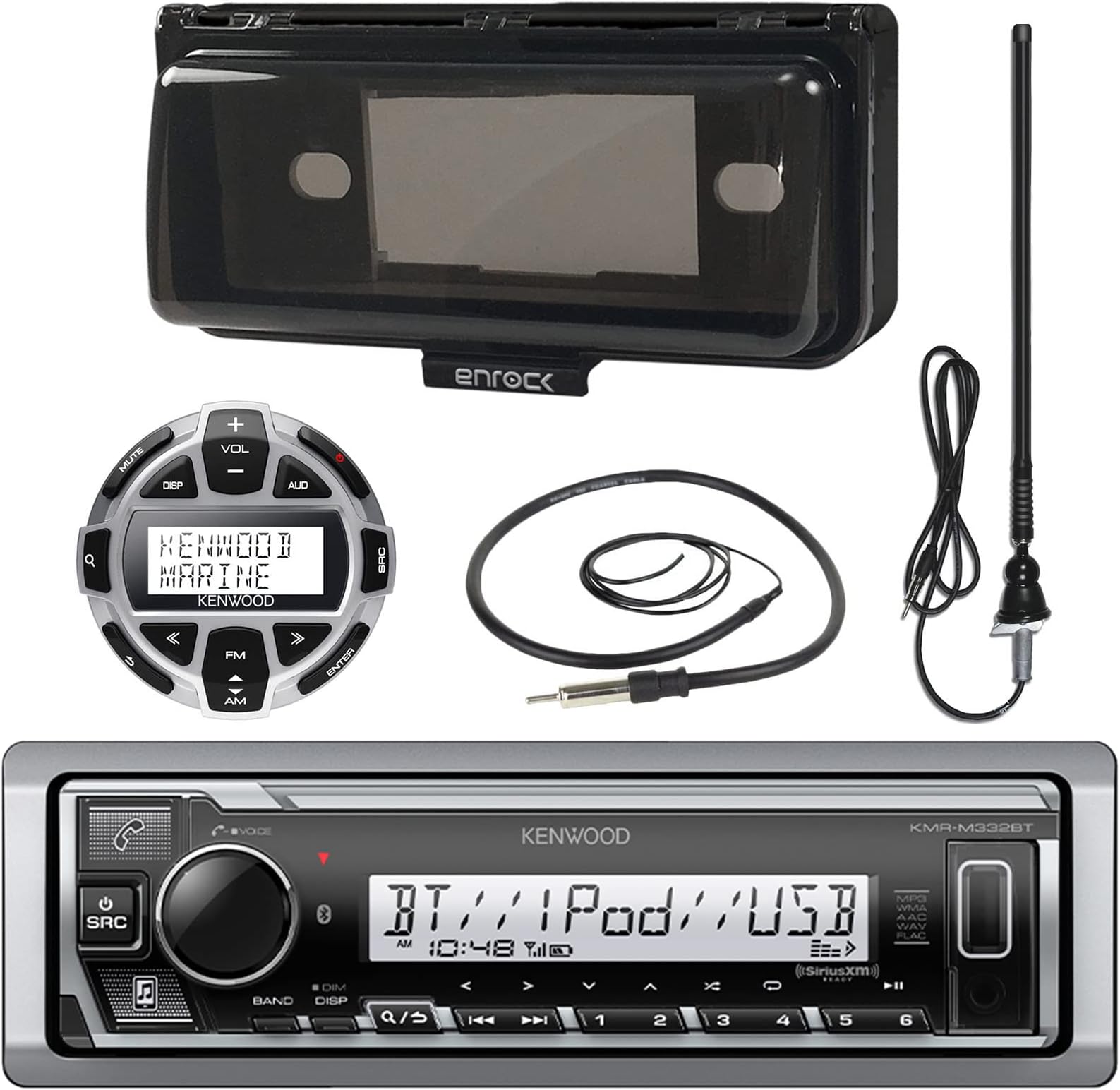 Kenwood MP3/USB/AUX Marine Boat Yacht Stereo Receiver Bundle Combo With Protective Cove, Wired Remote Control, Enrock Water Resistant 22 Radio Antenna, Outdoor Rubber Mast 45" Antenna