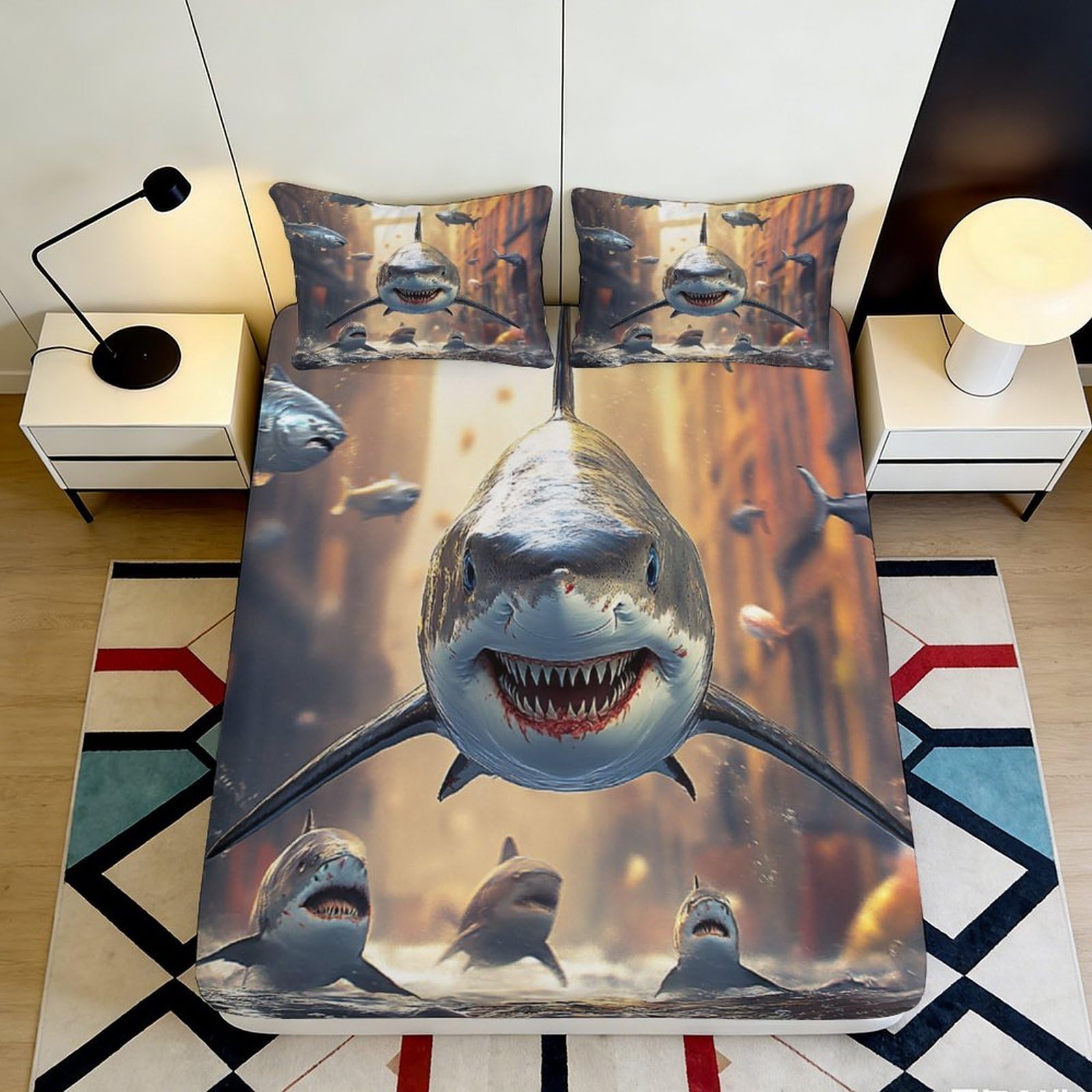 3D Printed Shark Ocean Fitted Sheet Microfiber Soft Breathable Underwater Predator Bed Sheet for Bedroom Dorm Mattress Cover Decor 90x200x25cm