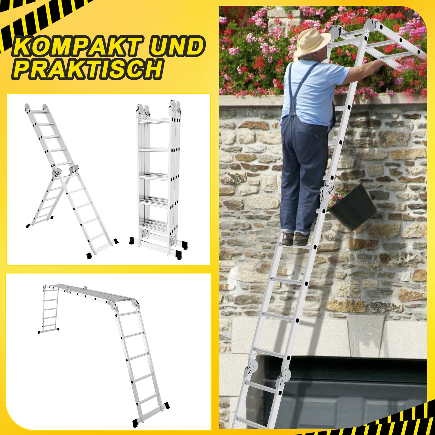 Ikodm Escalera multifunción de Aluminio de 4 x 5 peldaños, 5,82 m, 7 en 1, hasta 150 kg, con 2 Ruedas de Transporte y 2 Plataformas, Escalera articulada Plegable