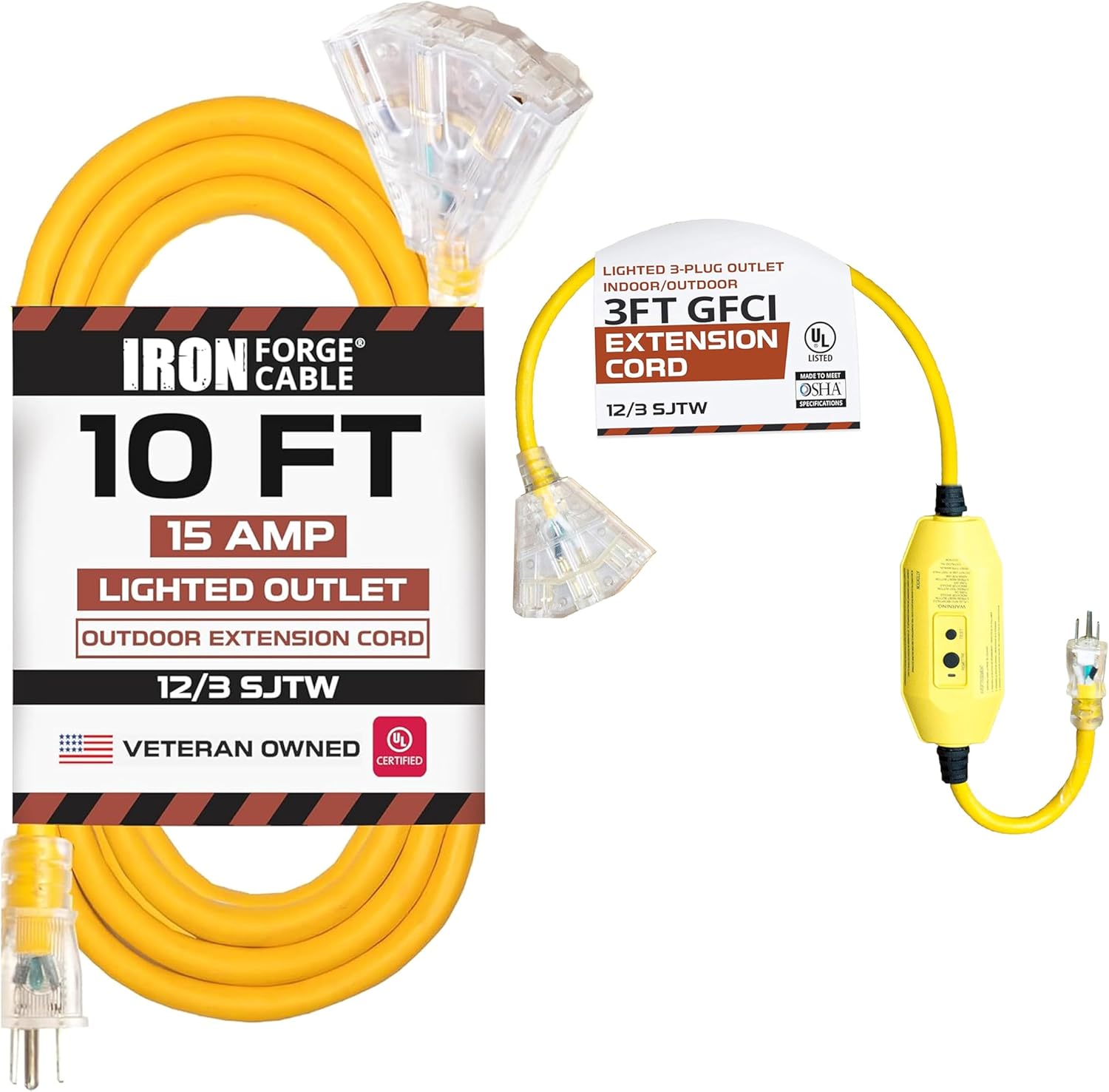 IRON FORGE CABLE 10 Ft Lighted Outdoor Extension Cord 3 Outlet - 12/3 SJTW 15AMP Weatherproof Yellow & 3 Ft Lighted Outdoor GFCI Extension Cord 3 Electrical Power - 12/3 SJTW Heavy Duty Yellow Pigtail