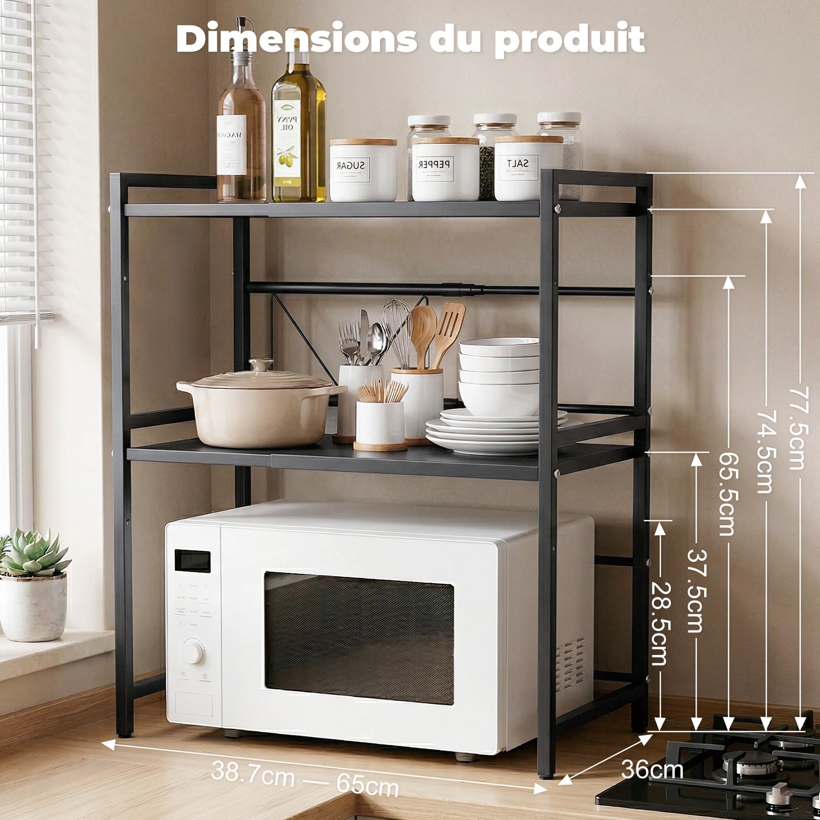 ALANNG Étagère Micro-ondes Réglable 38,7-65cm, 3 Niveaux Étagère de Cuisine sur Plan de Travail, 50kg Capacité Support Micro-ondes avec 6 Crochets, Métal Noir Stable