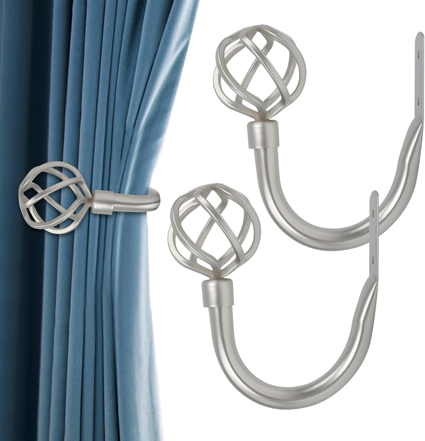 Curtain Holdbacks 2pcs, Solid Cast Iron Heavy Duty Curtain Tiebacks for Wall, Side Holder Pull Back Hooks for Drapes Tie Back Home Window Decor (Satin Nickel)