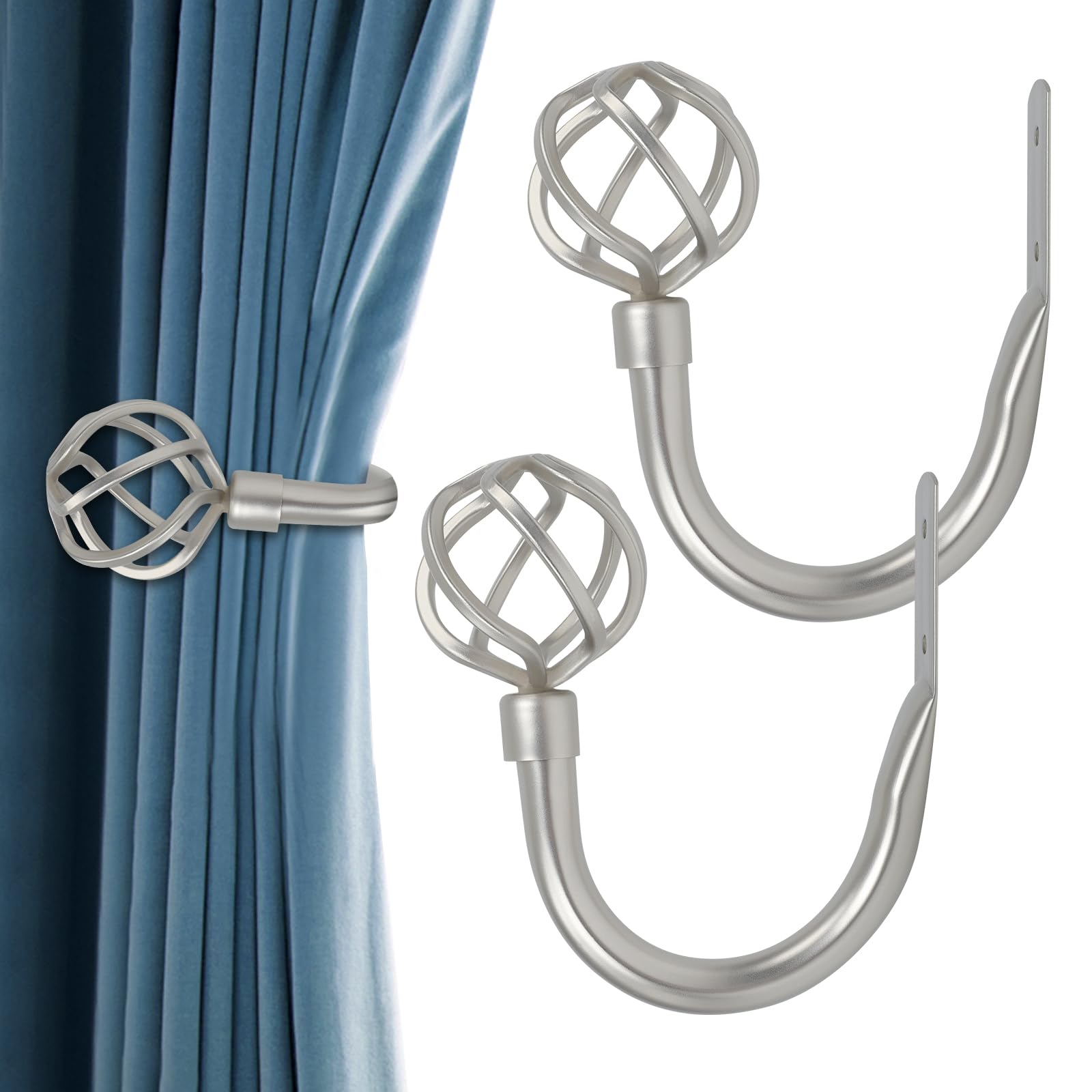 HIKMLK Curtain Holdbacks 2pcs, Solid Cast Iron Heavy Duty Curtain Tiebacks for Wall, Side Holder Pull Back Hooks for Drapes Tie Back Home Window Decor (Satin Nickel)