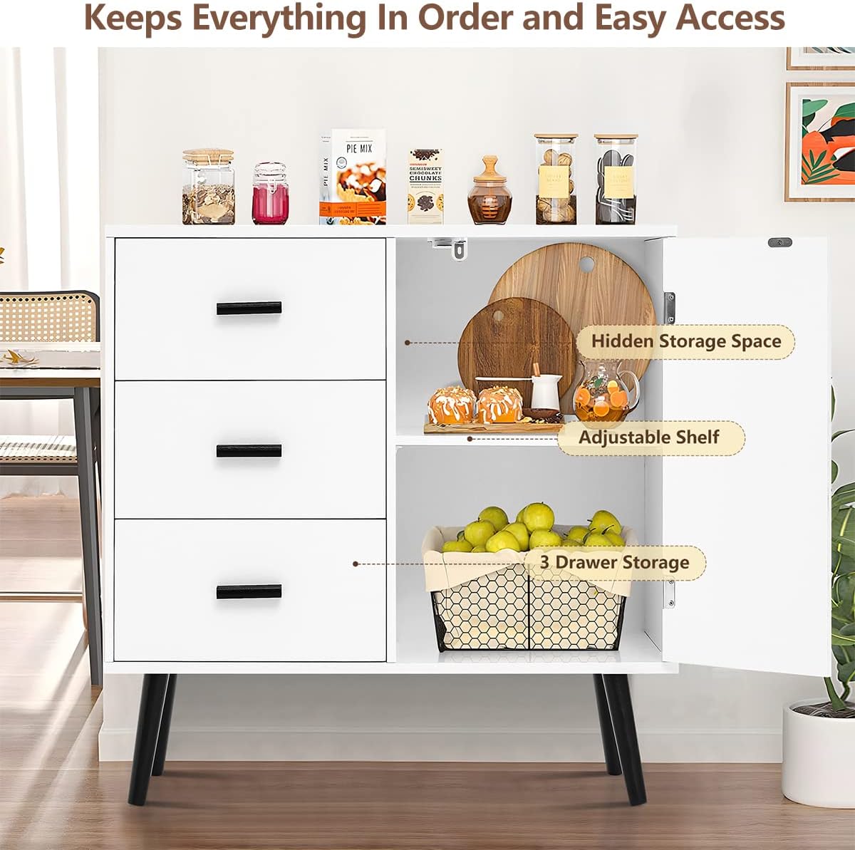 Iwell Storage Cabinet, Bathroom Storage Cabinet with Door and Adjustable Shelf, 3 Drawers Dresser for Bedroom, Kitchen Storage Cabinet, Accent Cabinet for Living Room, Entryway, White