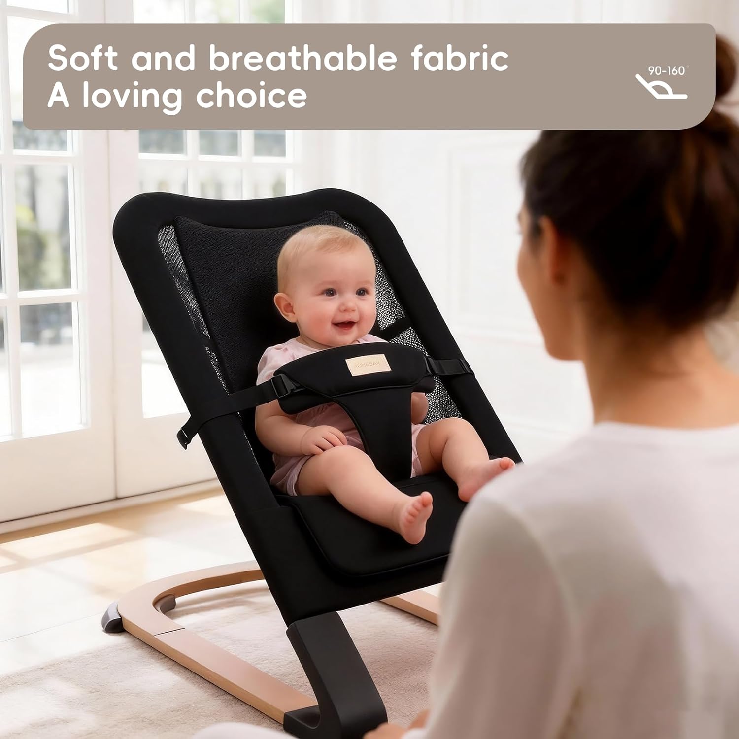 Baby Bouncer for Newborns 0-12 Months: 0-5 Years Portable Infant boy Bouncer Seat Chair in Black with Adjustable Recline & 3-Point Harness, Supports Up to 60 lbs