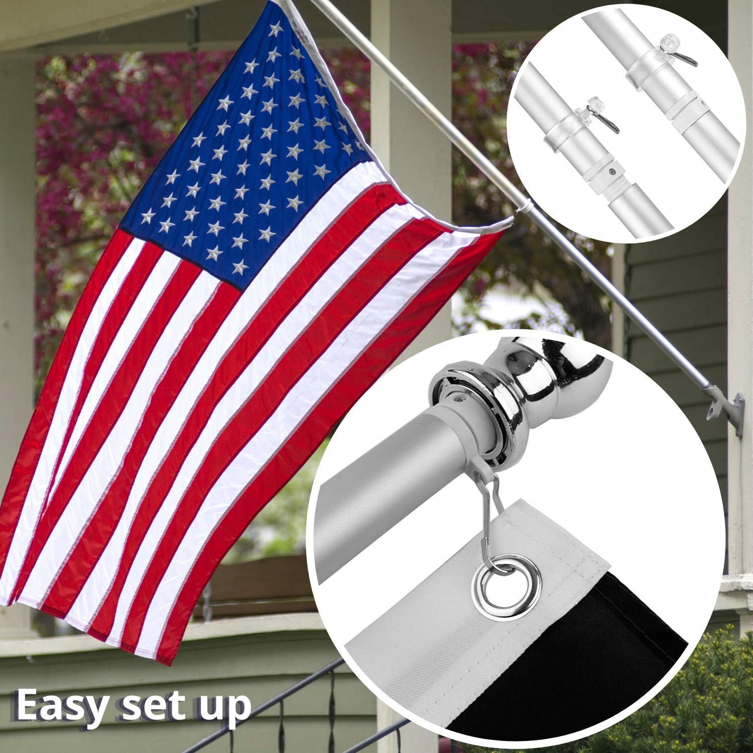 6 Feet Tangle Free Spinning Flag Pole Kit with American Flag (3x5) - Outdoor Flag | Embroidered Stars - Includes Flagpole Bracket - Rust Free (White)