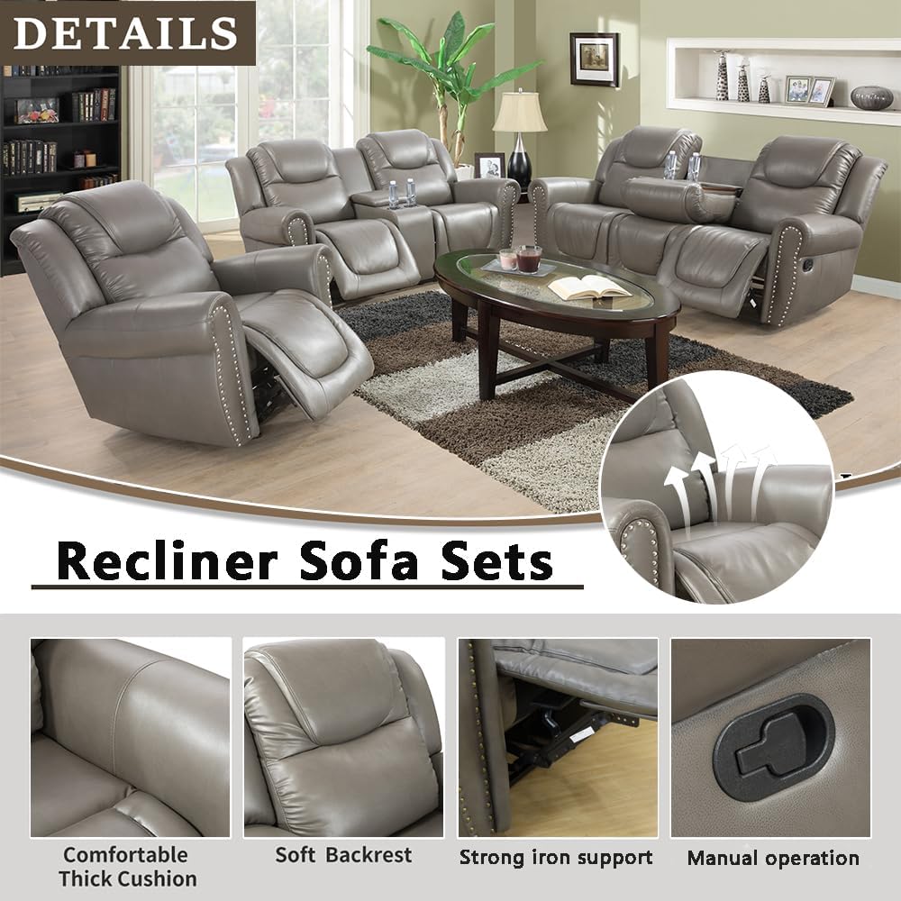 A Ainehome 3 Pieces Recliner Sofa Sets, Grey Leather Recliner Sofa Set, Reclining Loveseat Living Room Furniture Set for House/Office/Rv(B-Grey)