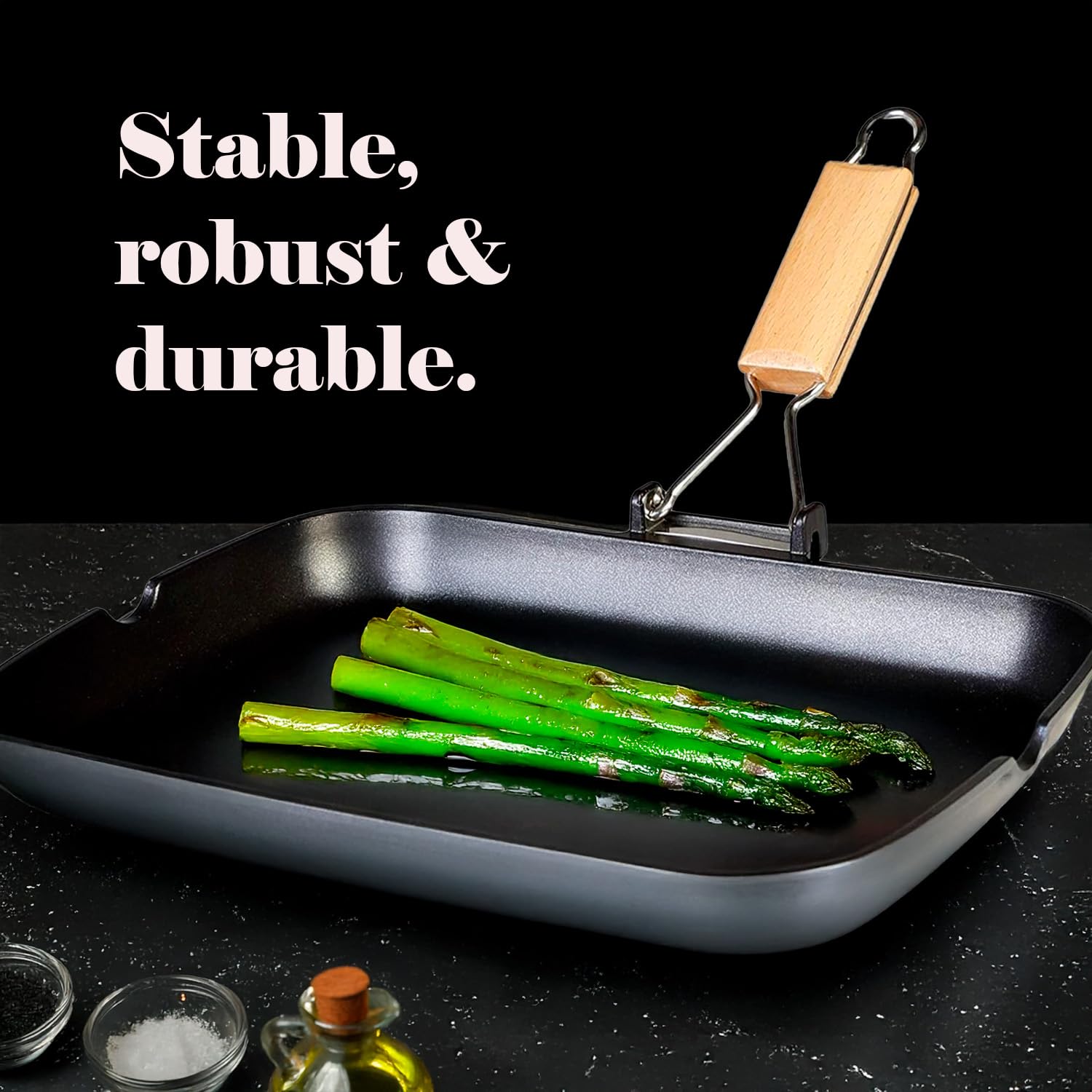 WECOOK! Ecostone Grill Asador Inducción Liso 34 X 24cm, Antiadherente ILAG Ecológico sin PFOA, Aluminio Fundido, 5mm Espesor, Mango Madera Plegable, Apta Todas las Cocinas Vitrocerámica, Gas