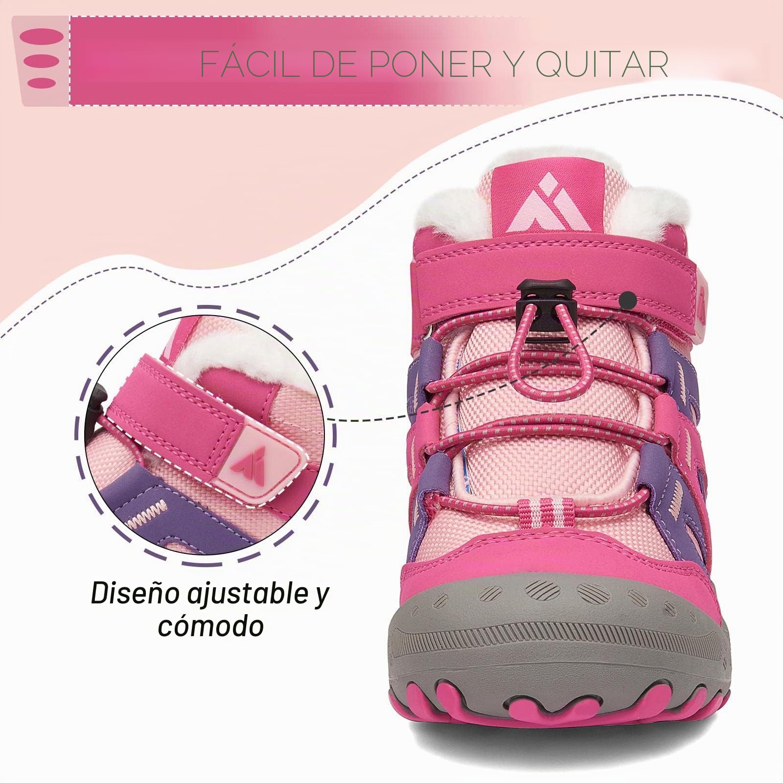 Mishansha Botas de Nieve Niño Botas Antideslizantes, Pink 27 | Forro cálido, cierre de autollenado, puntera reforzada, suela con dibujo, colegio, paseos, nieve
