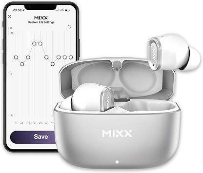 MIXX StreamBuds Custom 1 True Wireless Earbuds 24hr Battery, Touch Controls, App EQ, Digital Display, Hands-Free Calling, Quick Charge Zinc Alloy Case, Bluetooth 5.3, 3 Sizes - White