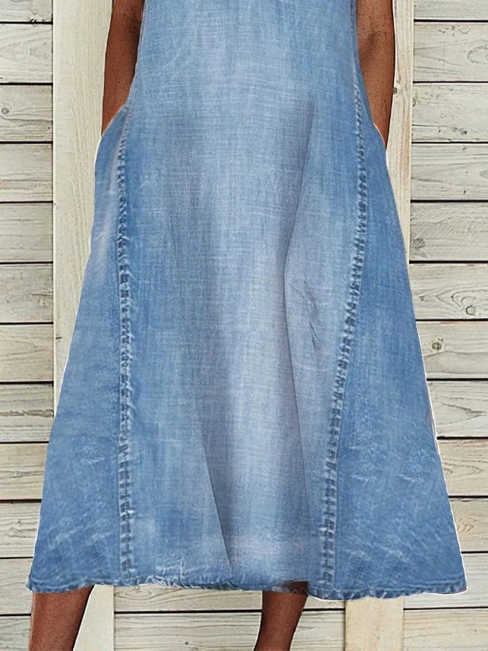 Freizeitkleider Für Damen,Damen-Jeanskleid Vintage-Blau Verwaschen Verblasst Ärmellos V-Ausschnitt Tank-Kleid Lässig Lockeres Hemdkleid Sommer Spleißen A-Linie Jeanskleid Midi-Kleider Für Damen