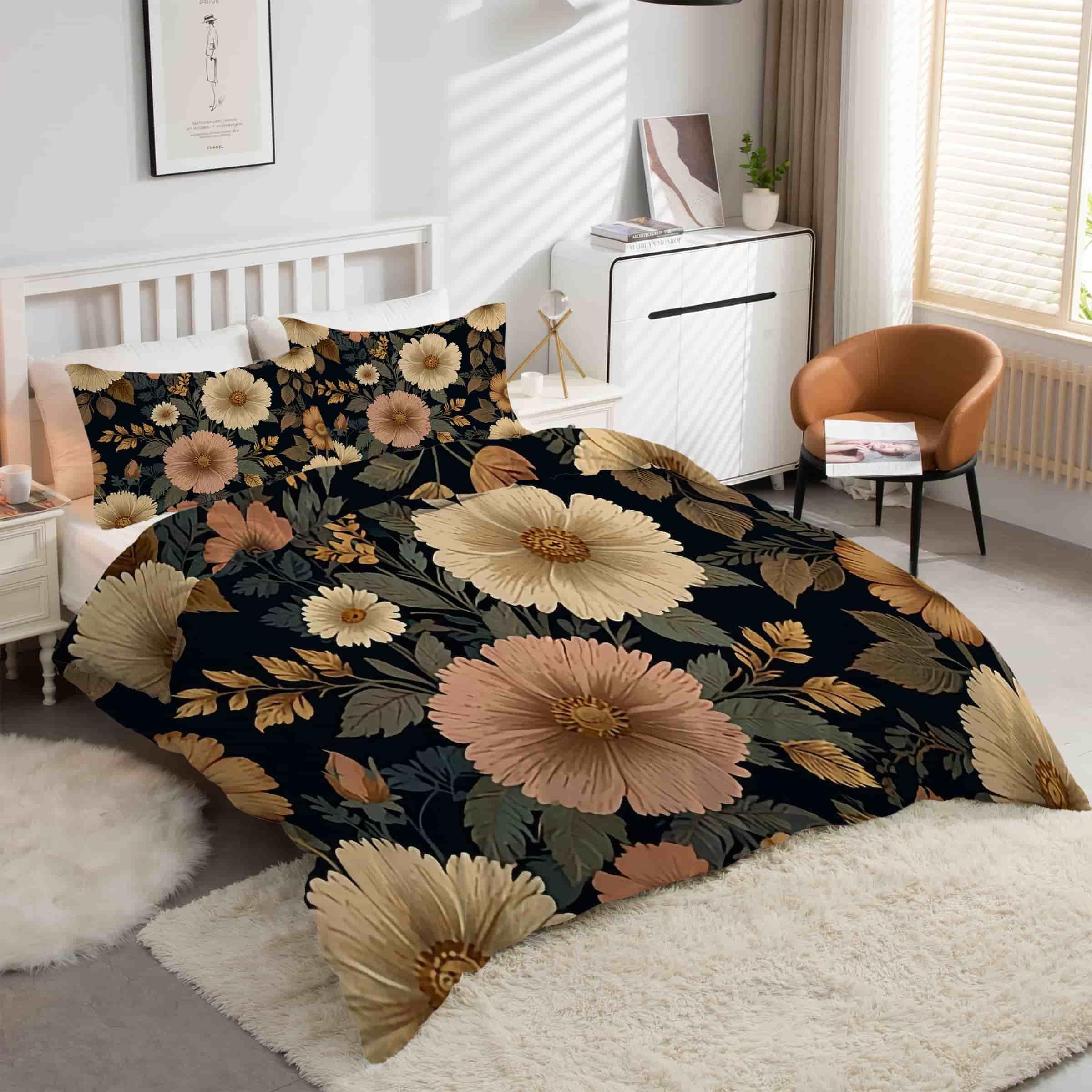 Housse de couette 240 x 260 fleurs rétro en microfibre : finie la couette qui glisse