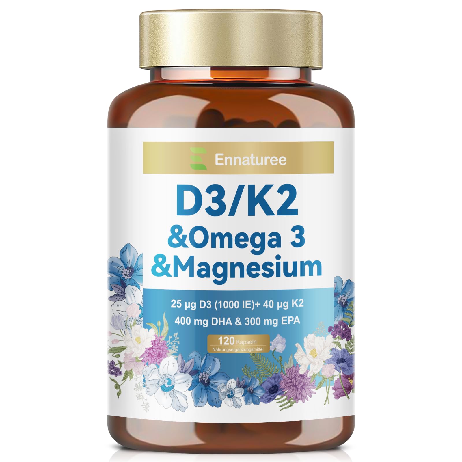 Vitamin D3 K2 Omega 3, 4 in 1 Omega 3 D3 K2 Magnesium Kapseln, 1600mg Algenöl mit 800mg DHA & 600mg EPA + 2000 IE Vitamin D3 + 80 µg Vitamin K2 pro 2 Portionen, 120 Softgels