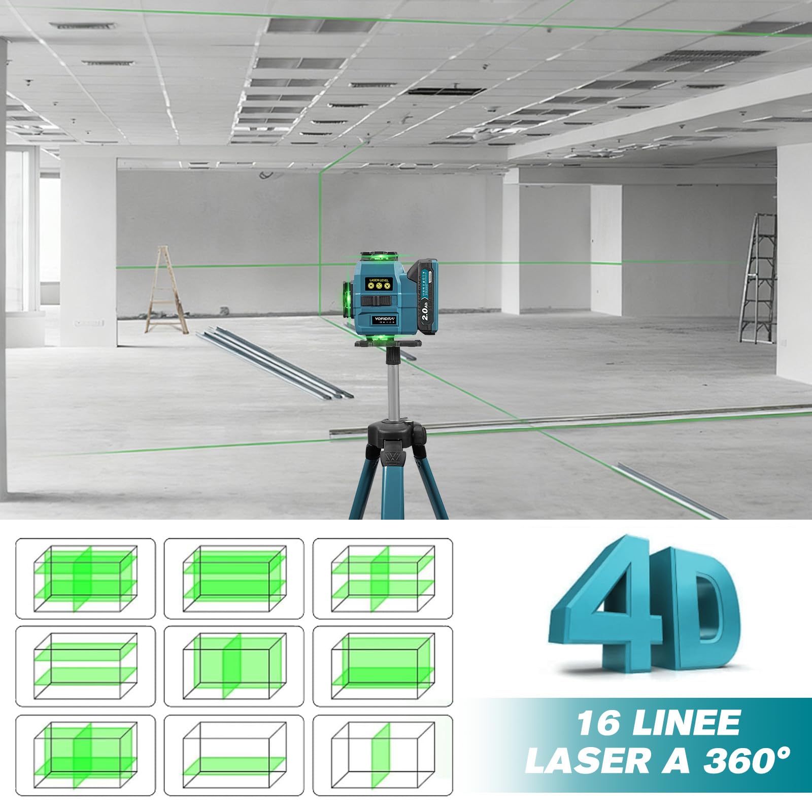 Yofidra Livella Laser con Treppiede - Laser a Linee Incrociate, Laser Autolivellante 4 x 360°, 4D 16 Linee, con 2 Batterie da 2000 mAh, Telecomando, IP54, per Cantieri, Interni