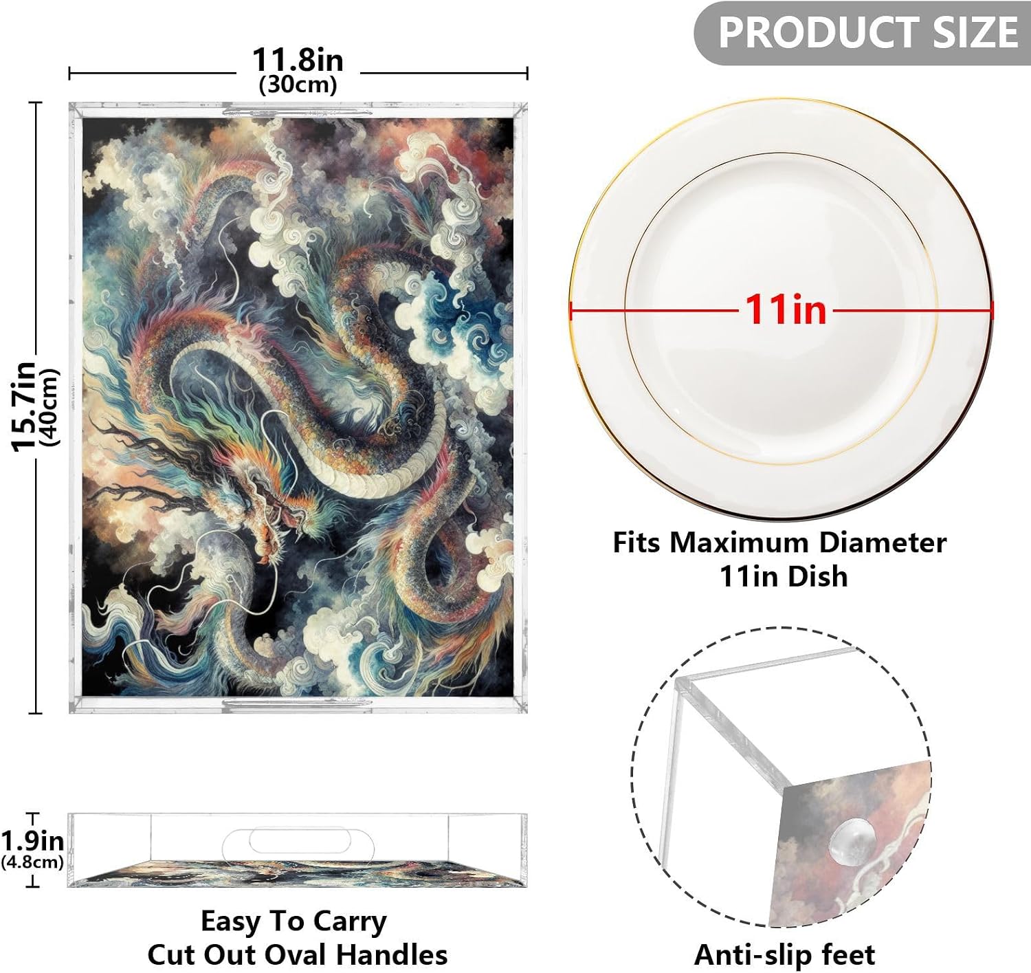 Japanese Dragon Painting Serving Tray, Clear Acrylic Decorative Tray - Sturdy Huge Capacity Serving Platters for Kitchen Countertop, Vanity Table 12"x16"