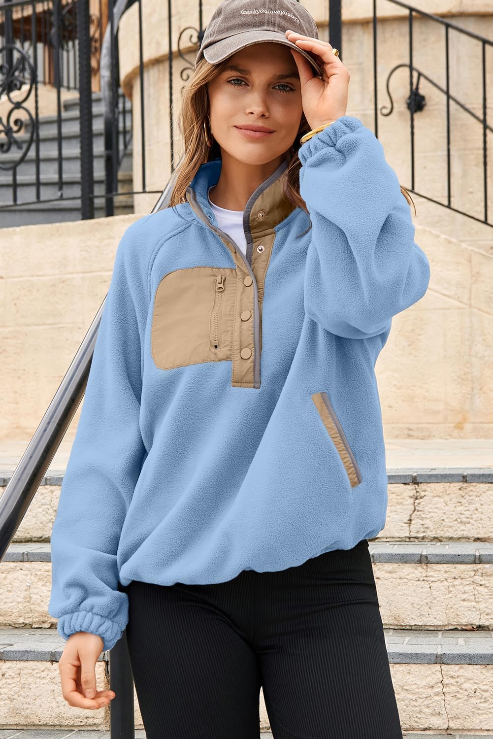 Dokotoo Sweatshirt for Women Oversized Fuzzy Fleece Jacket Color Block Button Long Sleeve Pullover Sherpa Sweatshirts Tops