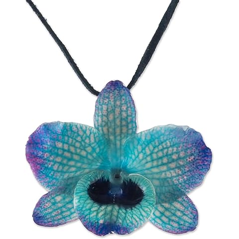 NOVICA Handmade .925 Sterling Silver Natural Orchid Pendant Necklace Adjustable in Blue from Thailand Resin Glass Bead 'Natural Feeling in Blue'