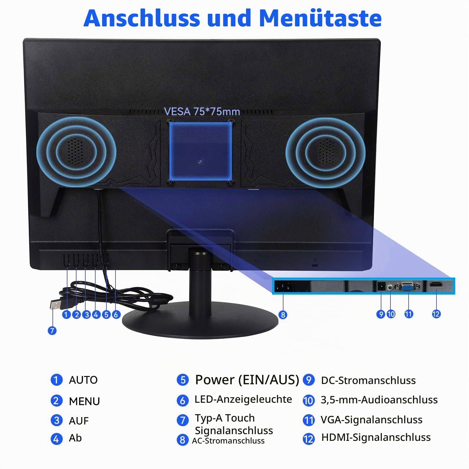 Touchscreen Monitor 19 Zoll FHD 1440x900 Multi-Touch Bildschirm Display 60Hz,VESA,Tilt Adjust,HDMI VGA Type-A Touch Anschluss mit LautsprecherKompatibel mit Laptop/Ras Pi/Windows/Computer