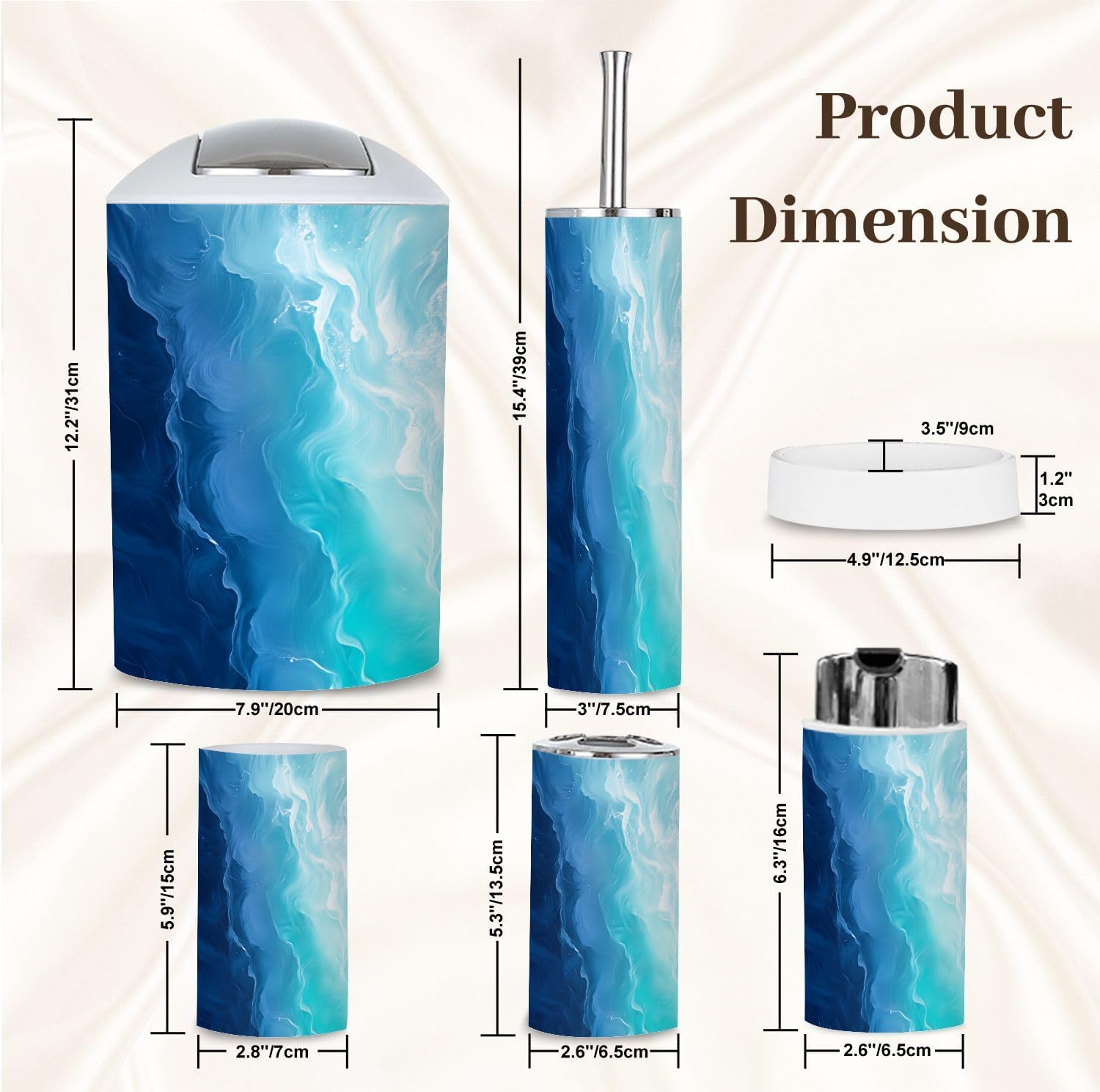Bathroom Accessory Set 6 Piece Blue Teal Ocean Wave Sea Nautical Beach Abstract Modern Seaside Trash can, Toothbrush Holder, Soap Dispenser, Soap Dish, Toothbrush Cup, Toilet Brush Holder