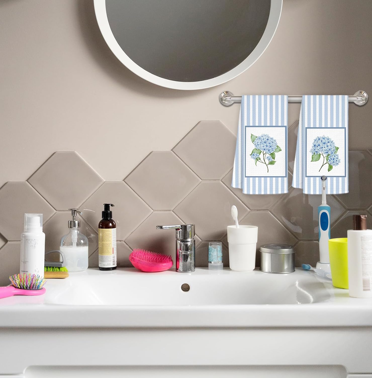 Blue Hydrangea Floral Bathroom Hand Towels Set of 2, Cottagecore Grandmillennial Hand Towels for Bath Room Washroom, Striped Hydrangea Flower Botanical Kitchen Dish Towel, 16x24 Inch - Image 6