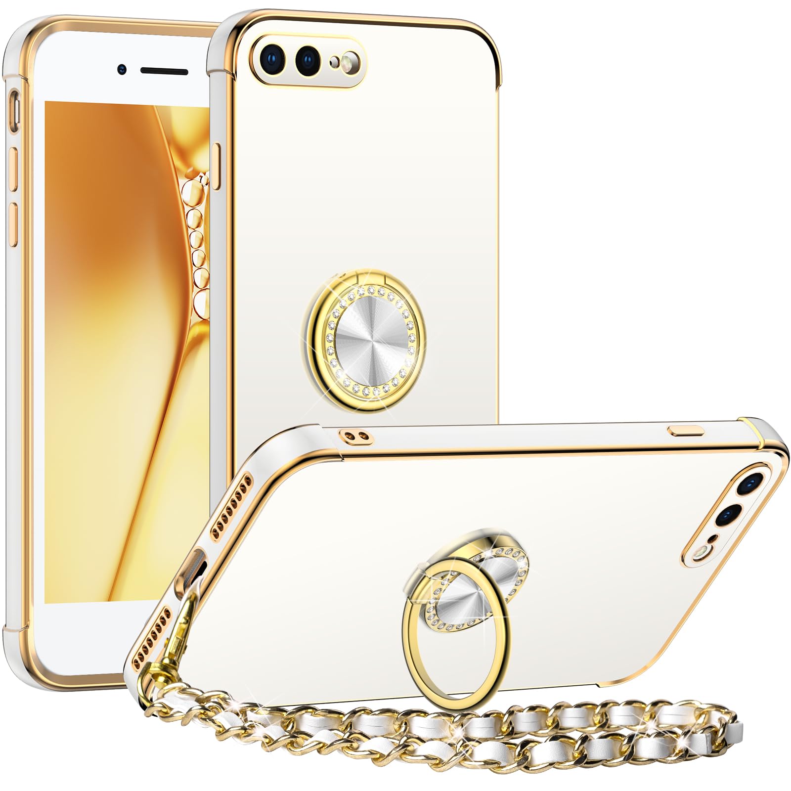 Miss Artsfor iPhone 8 Plus/7 Plus Case with Stand, Phone Case with Ring Holder Kickstand, Women Girls Cute Luxury Bling Wrist Strap Soft Protective Case for iPhone 8 Plus/7 Plus, White