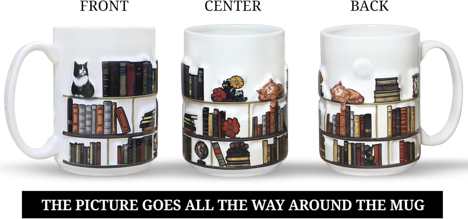 Full-Wrap Embossed 3D Book Mugs For Book Lovers Gifts For Readers Women 3D Bookshelf Mug 15Oz - A Library Shelf Cup, Cat Mugs For Cat Lovers Women And Men, Love Cats Mug Gift For Writers And Authors - Image 2