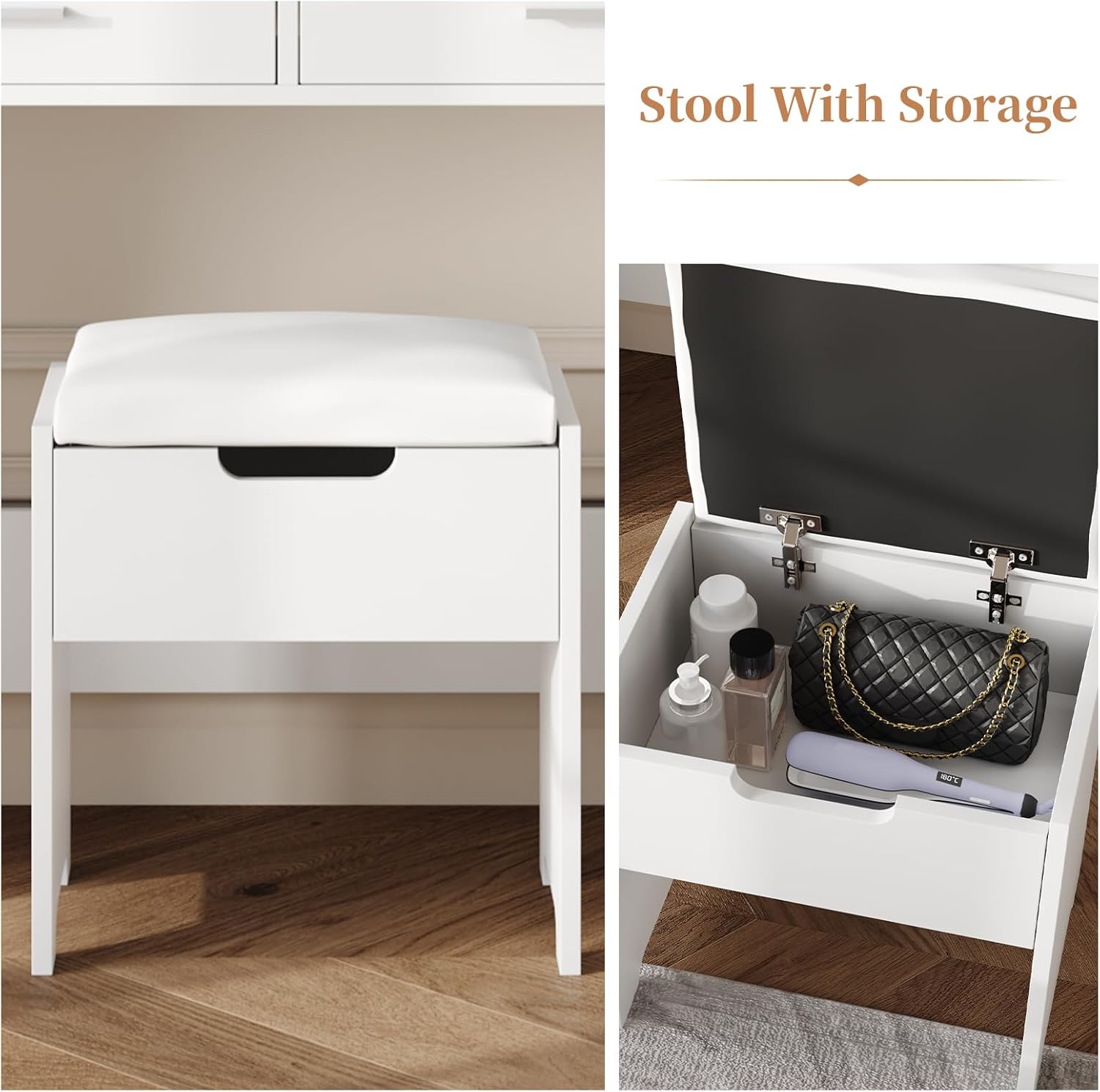 Vabches Vanity Desk with Mirror and Lights,Makeup Vanity with Storage Chair & Drawers,9 Hollywood Bulbs & 3 Lighting Modes,Dressing Table Set with Power Strip for Girls Bedroom,White