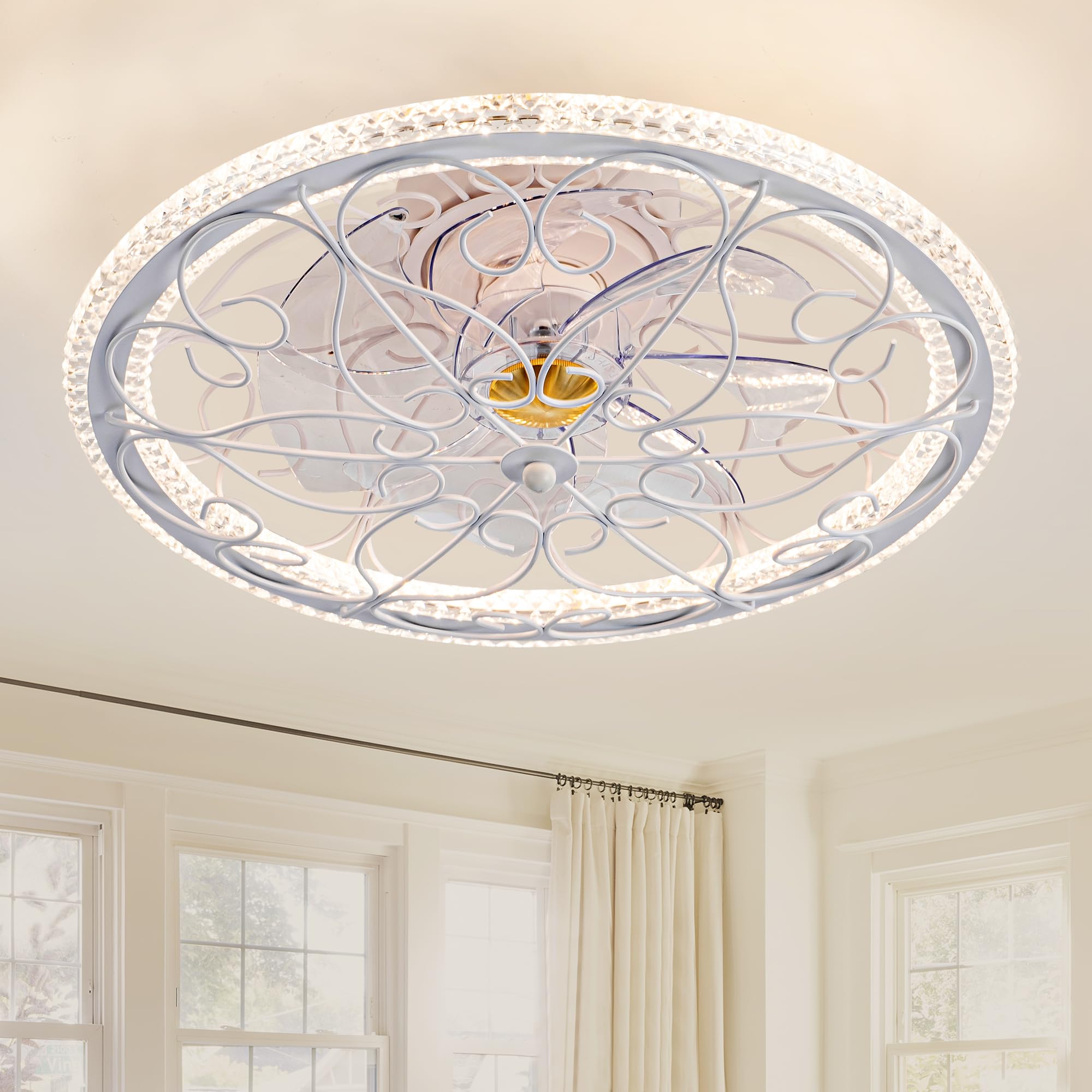 NORFOLK 20'' Ceiling Fans with Lights and Remote, Low Profile and Flush Mount Modern Lighting Fan, Bladeless Caged Fandelier, 6 Speeds and 3 Colors LED Light