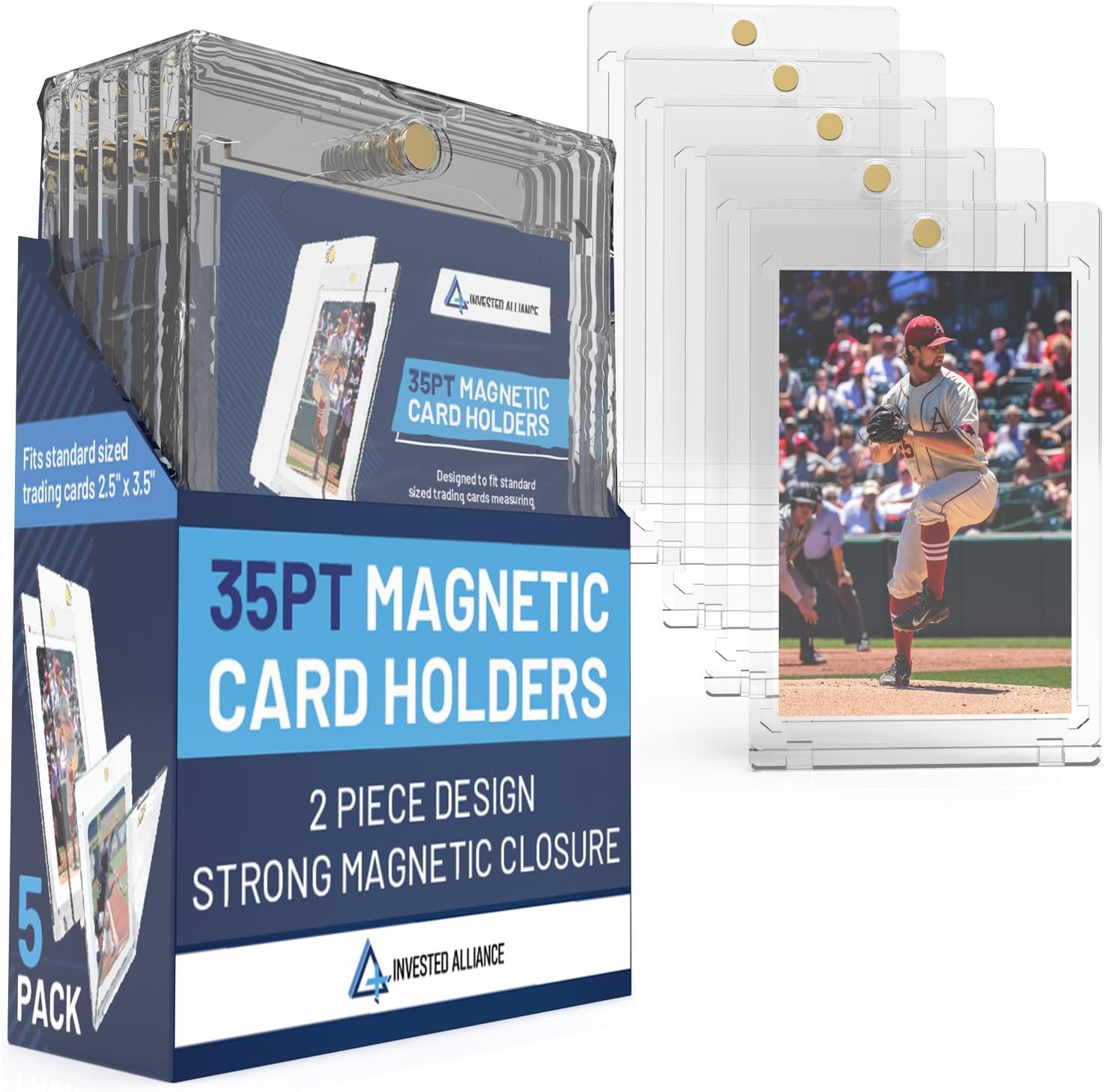 Invested Alliance Premium Magnetic Card Holder (5 Pack) | 35PT Magnetic Card Holders for Trading Cards. Pro UV Card Protectors with Ultra Clear Design, One Touch Magnet Case for Trading and MTG Cards.