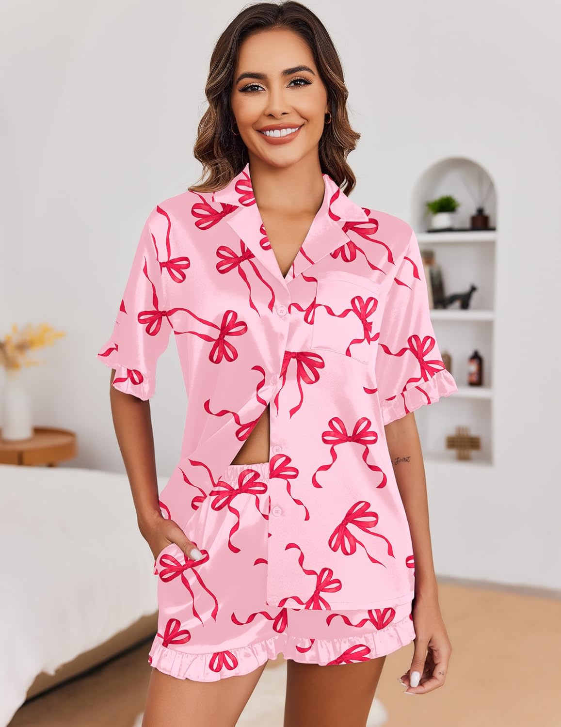 Ekouaer Satin Pajama Set for Women Button Down Silk 2 Piece Pj Sets Ruffle Short Sleeve Sleepwear - Image 2