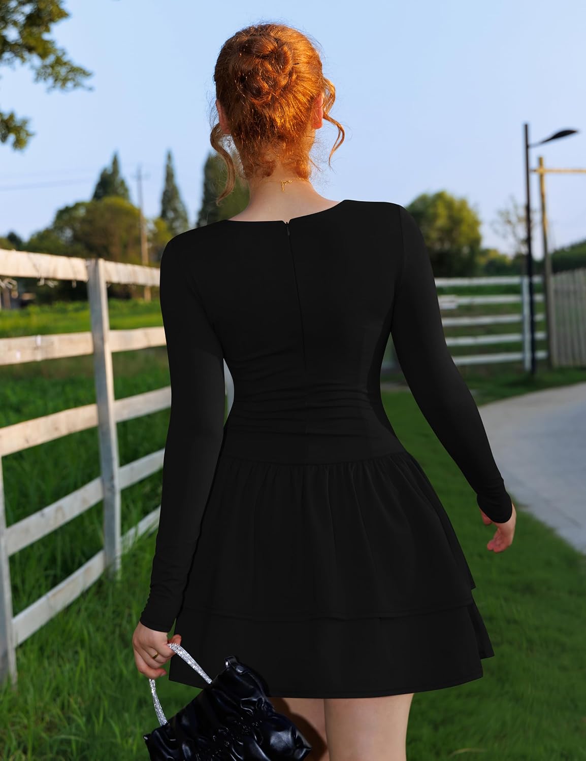 GOKATOSAU Women's Casual Long Sleeve Round Neck Bodycon Layered Tiered Ruffle Hem Mini Dress - Image 7