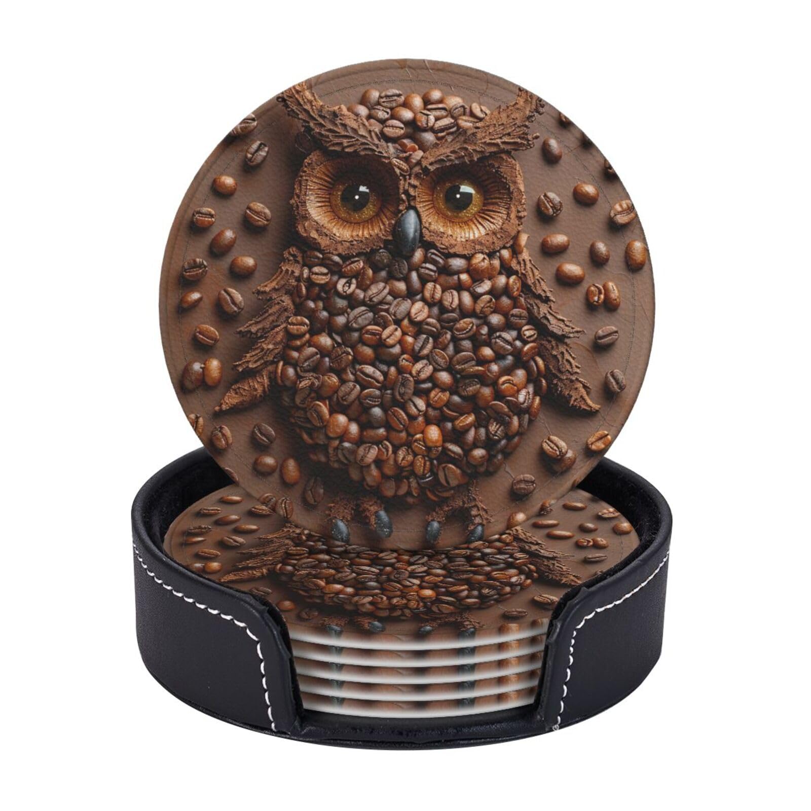 Drink Coasters 6Pcs Round Leather Coaster with Holder Coffee bean owl Coasters for Drinks Coffee Cup Mat Heat Resistant Coaster for Tabletop Protection Desk Accessories Office Home Decor
