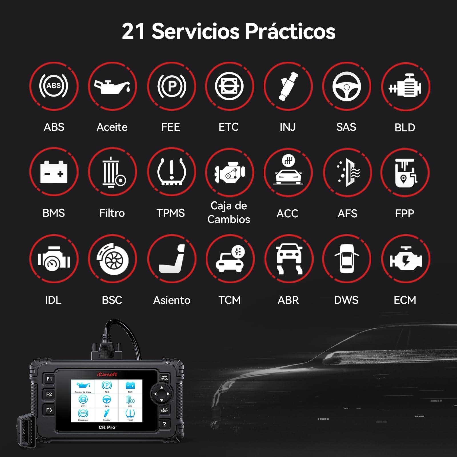 iCarsoft CR Pro+ OBD2 Máquina Diagnosis Coche Multimarca Español, Escáner de Todo el Sistema, 49 Funciones Reinicio, Bidireccional Detector Fallos Coche, Prueba de Batería, Vin Automático