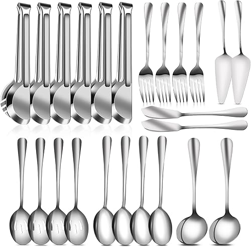 Miniatura 1 de Juego de 24 utensilios de servir de acero inoxidable para fiestas, cubiertos resistentes, incluye cucharas grandes de sopa, espátulas, tenedores,