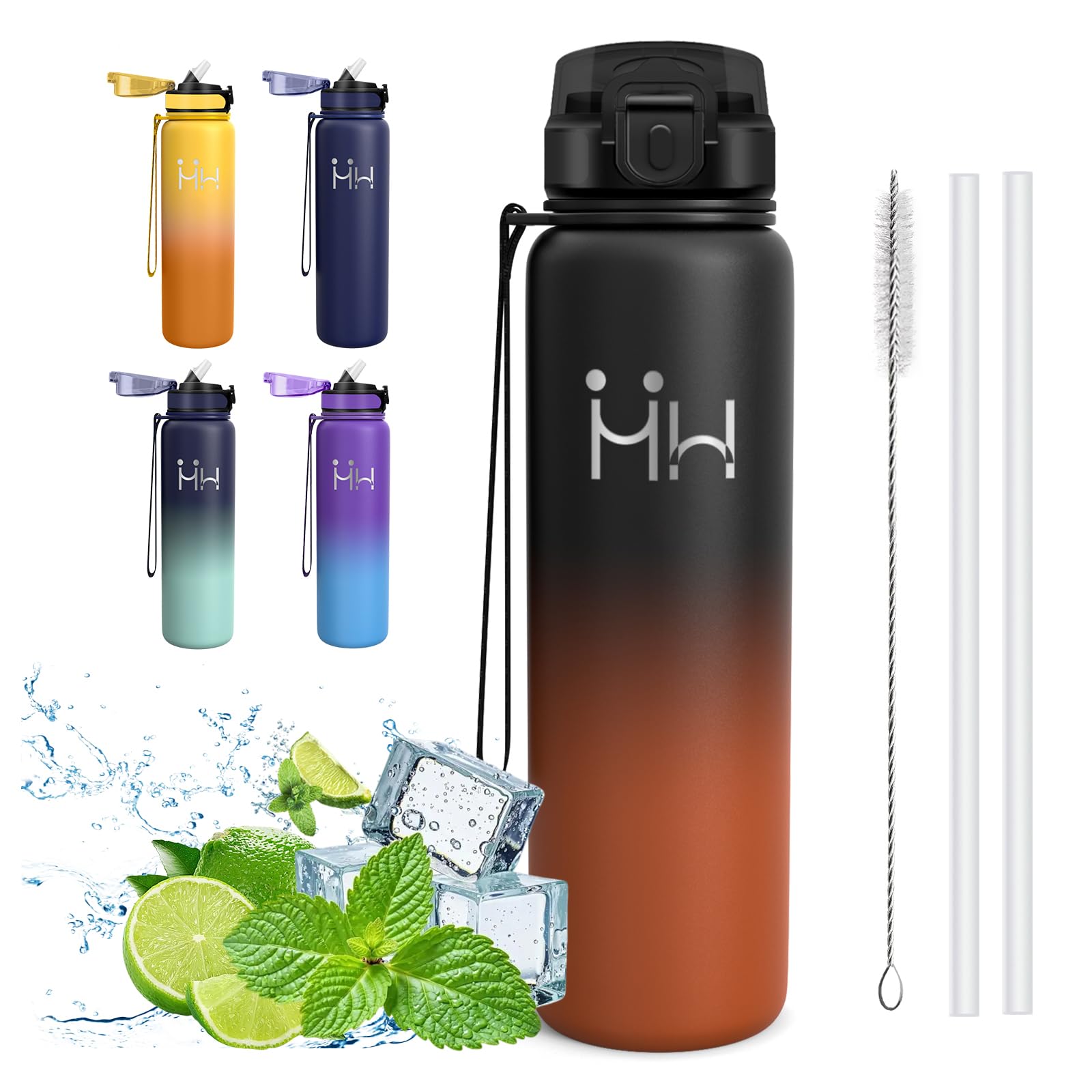 Mujigaga Thermal Water Bottle, 1 Litre Water Bottle, BPA Free, Water Bottles with Straw, Vacuum Insulation, Leak-Free, with Straw Brush, Water Bottles for Gym, Cycling, Hiking