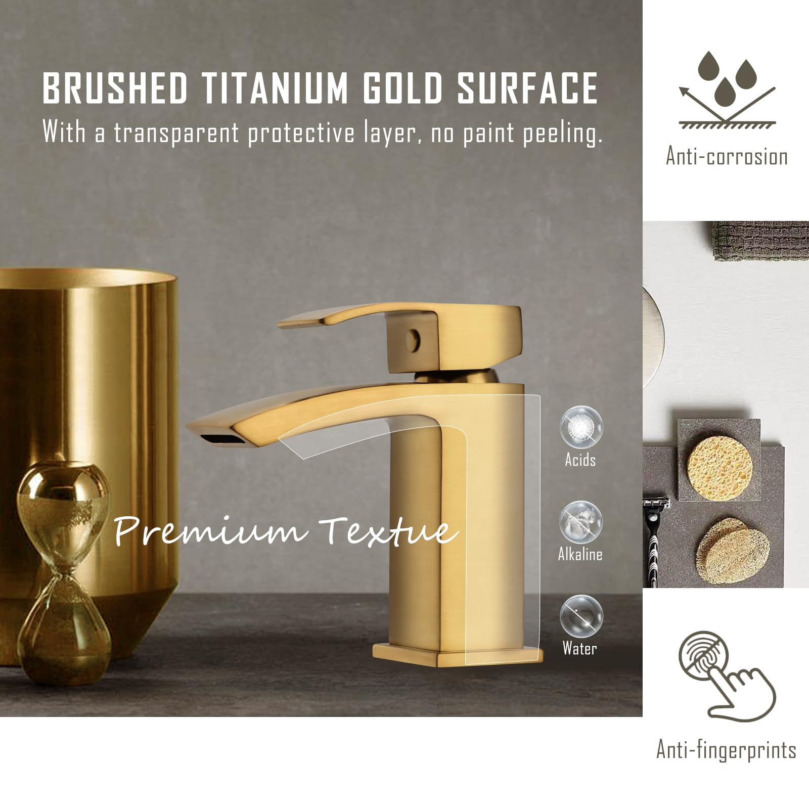 Hapilife Rubinetti per lavabo Miscelatore a cascata con scarico a scomparsa Rubinetti per lavabo da bagno in oro spazzolato Rubinetti miscelatori quadrati oro mono guardaroba rubinetto monoblocco 1