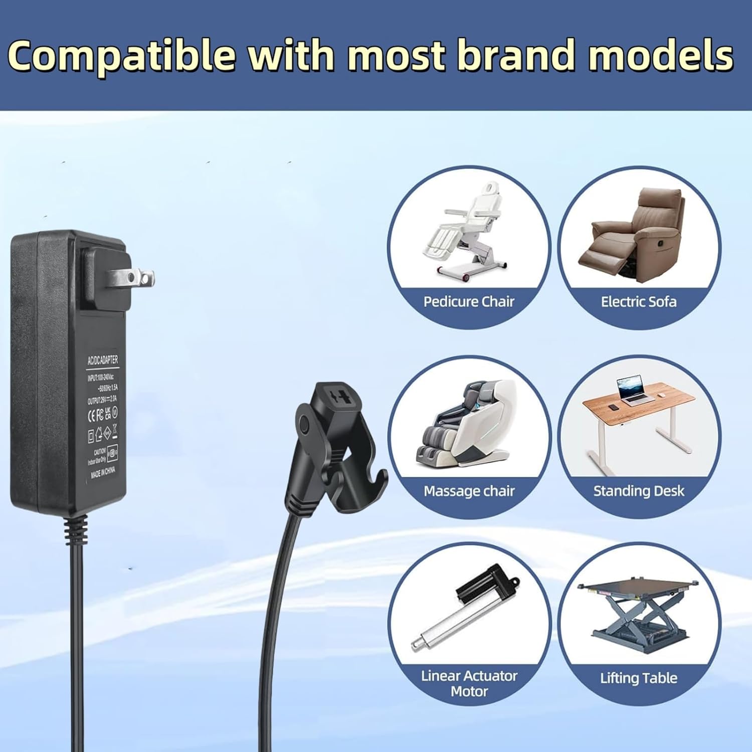 Universal Electric Recliner Power Supply, 29V 2A wall Plug-in 2-pin AC/DC Recliner Power Supply, Suitable for Lift Chairs, Sofa recliners, Compatible with Most Brands Limoss Okin ZB-H290020A-C Models