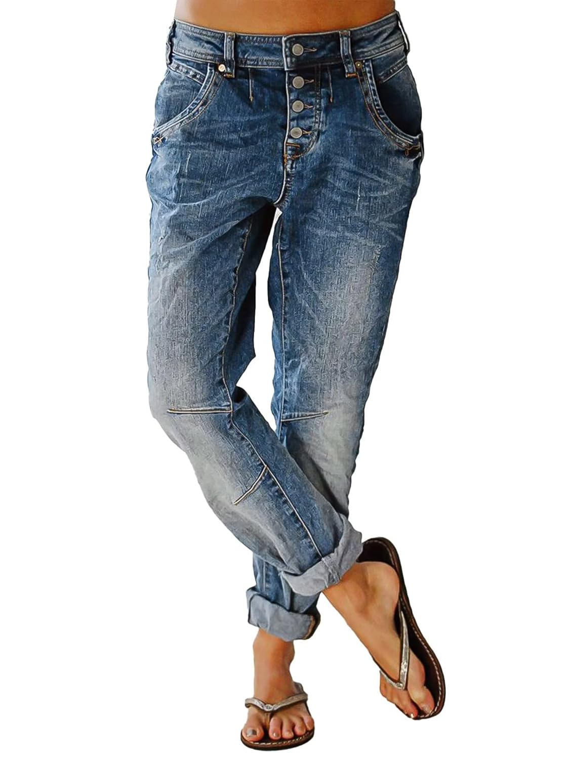 Flamingals Womens Stretchy Straight Leg Casual Mid Rise Jeans Wash Button Fly Stitch Detail 90s Trendy Denim Jeans