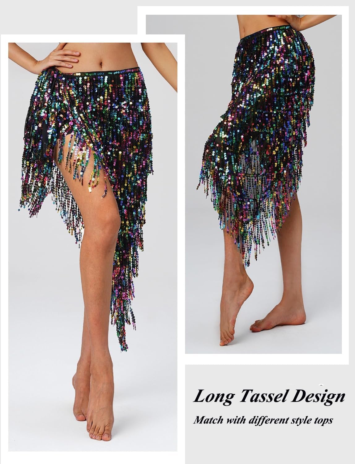 Triangle Sequins Belly Dance Skirt Belly Dance Long Tassel Hip Scarf Festival Outfits Women Dance Skirt with Sequin Tassel