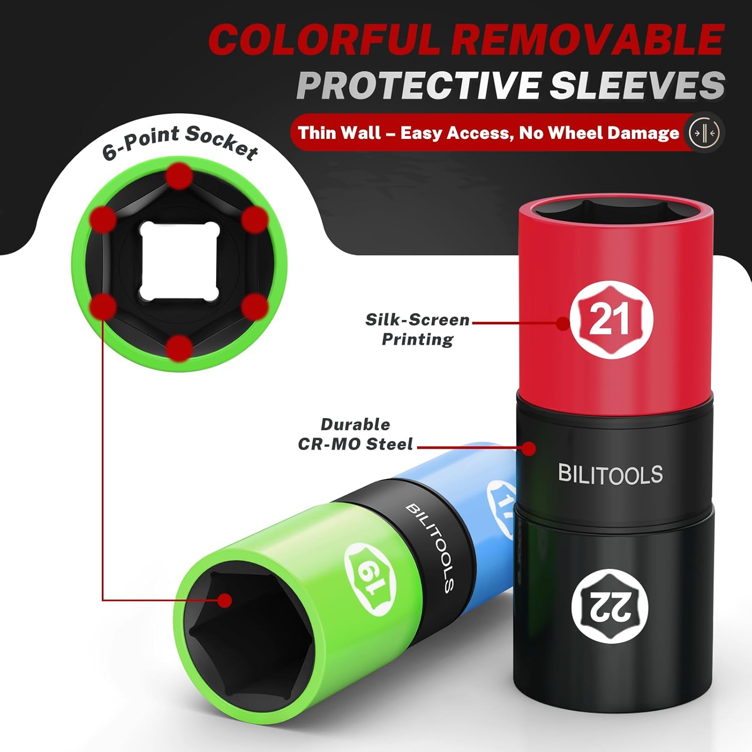 BILITOOLS Lug Nut Socket Set, 1/2 inch Drive Non-Marring Impact Flip Socket Set Metric 17-19 - 21-22 mm & SAE 3/4-13/16-7/8-15/16 inch, Thin Wall Wheel Protector Nut Socket