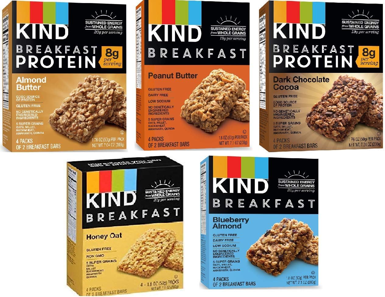 Kind Breakfast Bars New Variety 5 Pack. 1 Box of each: Dark Chocolate, Honey Oat, Peanut Butter, Almond Butter. Total of 40 Bars