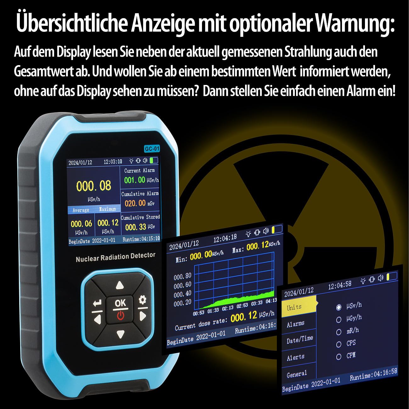AGT Strahlungsmessgerät: Digitaler Akku-Geigerzähler & Dosimeter, Beta-/Gamma-/Röntgenstrahlung (Geiger Zähler, Geiger Counter, Digitale)