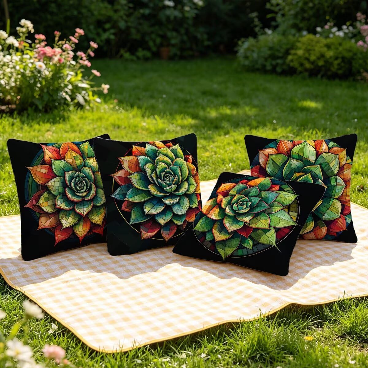 4 poszewki na poduszki do użytku na zewnątrz 80 x 80 cm, wodoodporne, zielone, dekoracyjne, wodoodporne, kwadratowe, dekoracyjne poszewki na poduszki na patio, ławkę, ogród, sofę, krzesło, G-59