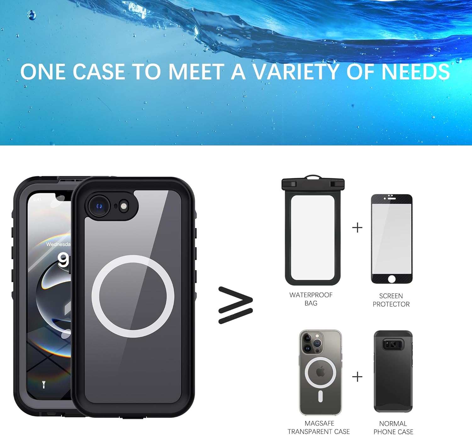 Waterproof Case for iPhone 16e, IP68 Shockproof Dustproof, Built -in 9H Screen Protector Support Wireless Charging Magsafe Cover with Lanyard Compatible with Apple iPhone 16e 2025 (6.1 Inch)