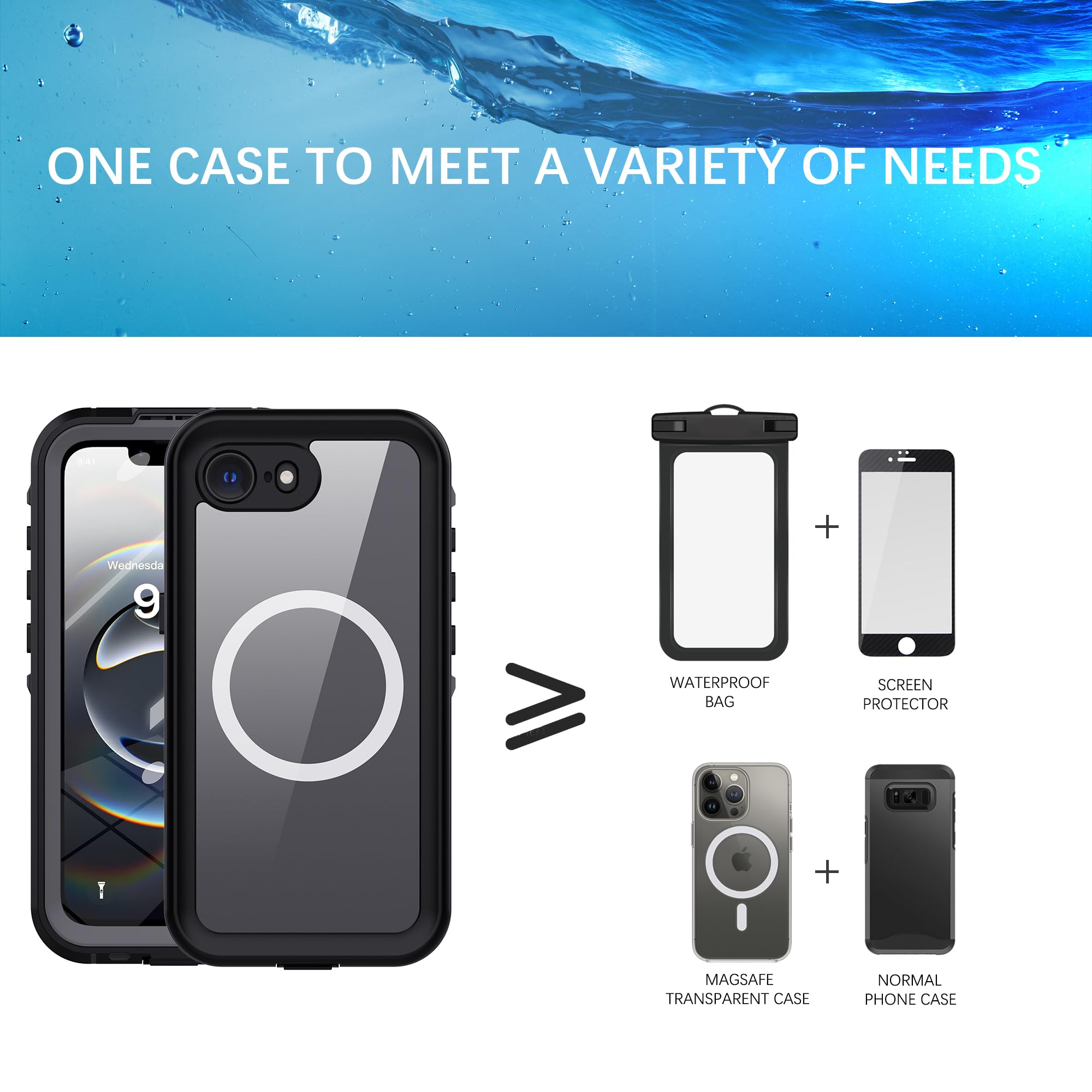 Custodia per iPhone 16E IP68 Impermeabile Cover Antiurto Subacquea Protezione Case Resistente Indistruttibile Custodia con protezion Waterproof Rigida 360 Completa Cover Nero FSK