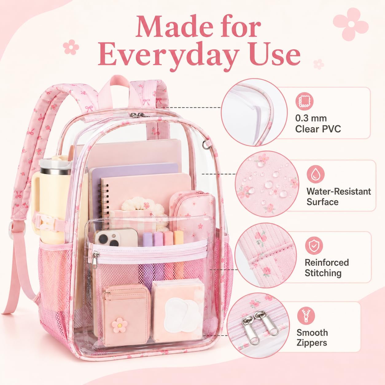 BTOOP Clear Backpack for Women, Large 16.5-Inch Transparent Backpack 6 Pockets and 40 oz Tumbler, Pink Bow Trim for College, Work and Travel