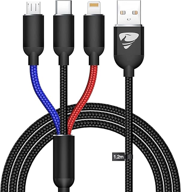 Multi Charger Cable 3 in 1 Charging Cable [1.2M] Multiple USB Cable Nylon Multi Lead with iP Micro USB Type C Connector for iPhone 11 12 XR 10, Android Galaxy S20 S9 S7 J6 A10, Huawei, Sony, PS4
