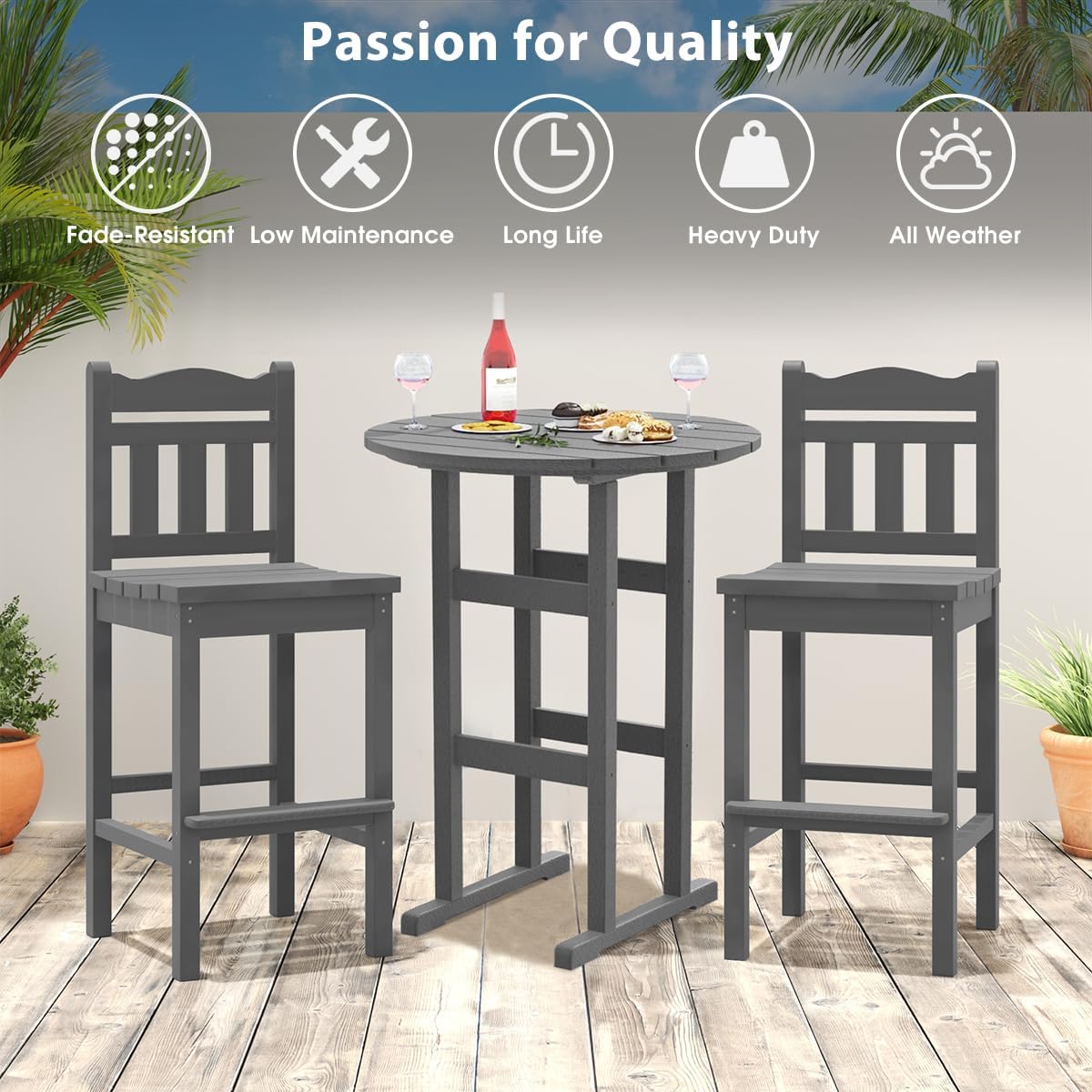 Sundale Outdoor Adirondack Round Bar Table, 39 Inch Height Patio Large Pub Table for 4, All Weather HDPE High Top Bistro Counter Tabl for Outside Deck Porch Balcony Poolside, Gray